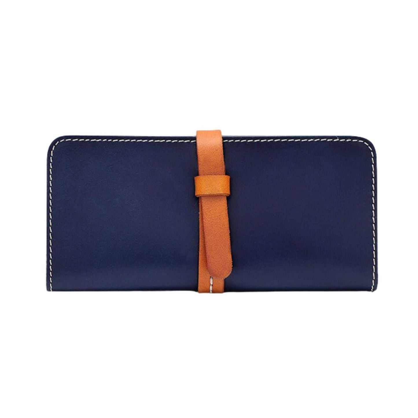 Deep blue leather wallet with brown strap closure from Opulent Charm Collection.