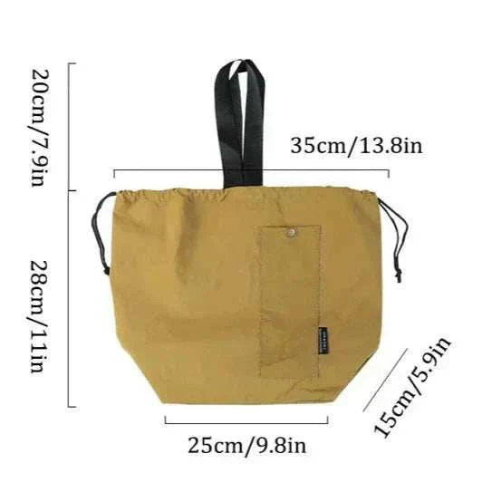 Insulated lunch pouch with dimensions, drawstring closure, wide handle, and durable canvas material.