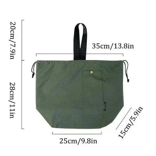 Insulated lunch pouch with drawstring closure, green canvas, spacious with 13.8" wide handle, dimensions shown for easy carrying, versatile use for lunch or snacks.