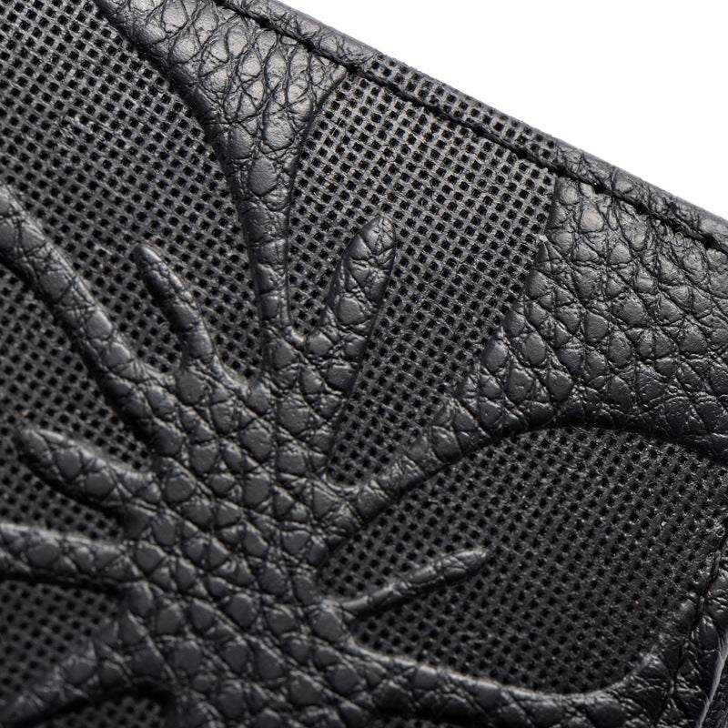 Close-up image of ladies leather floral wallet texture.