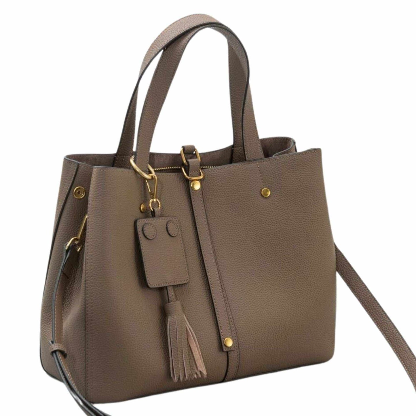 Ladies leather work bag with tassel, spacious interior, and versatile carrying options.