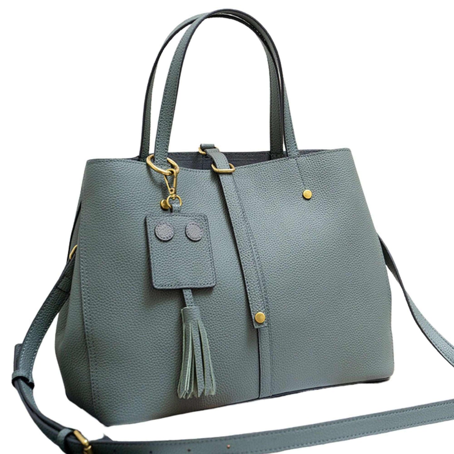 Ladies leather work bag with tassel, versatile design, spacious interior, genuine leather.