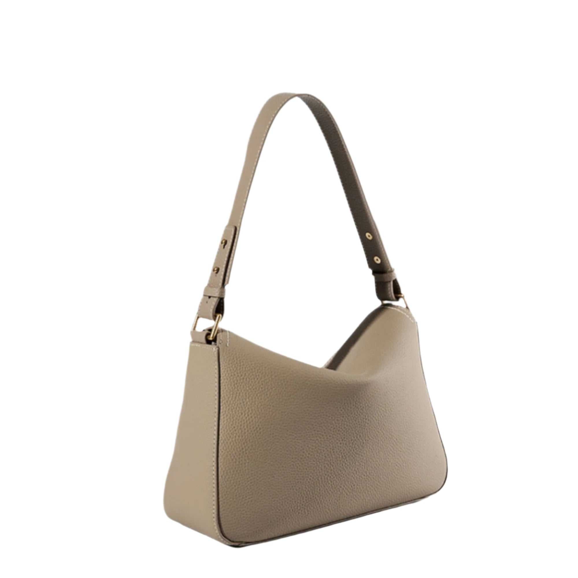 Ladies small shoulder bag in genuine lychee-pattern leather with adjustable strap, premium hardware, and multiple pockets.