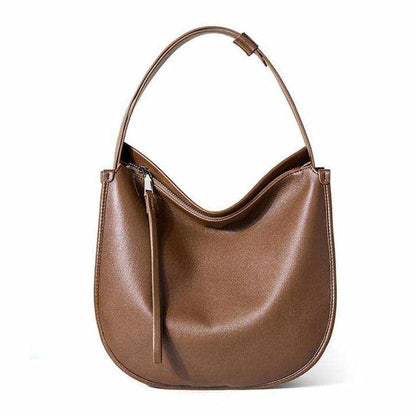 Large brown crossbody satchel made of genuine leather with a structured design.