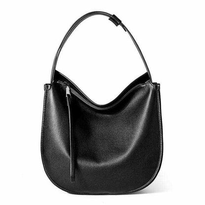 Large black genuine leather crossbody satchel with a structured design and sleek drawstring closure.