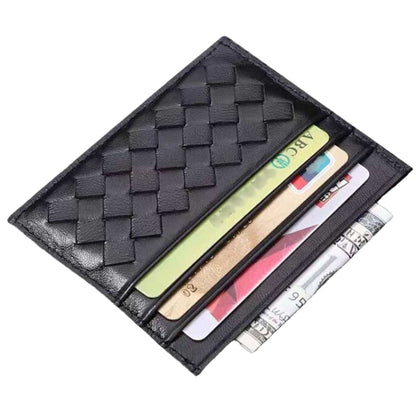 Woven leather credit card carrier with multiple slots displaying cards and cash.