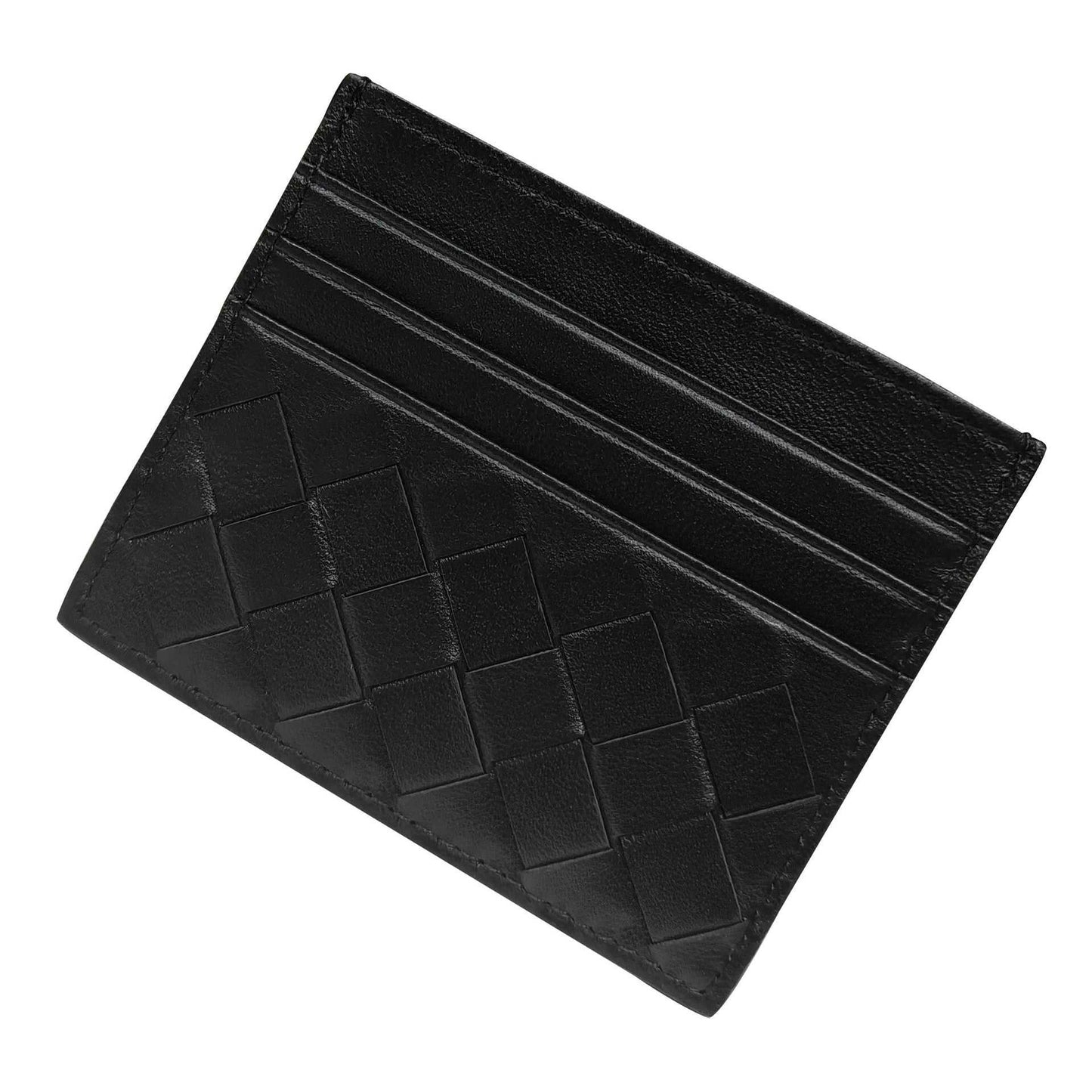 Black leather credit card holder with woven design, featuring multiple card slots.