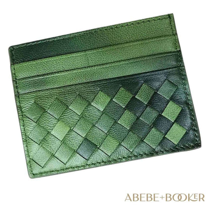 Green woven leather credit card carrier with six card slots, bold and stylish design.