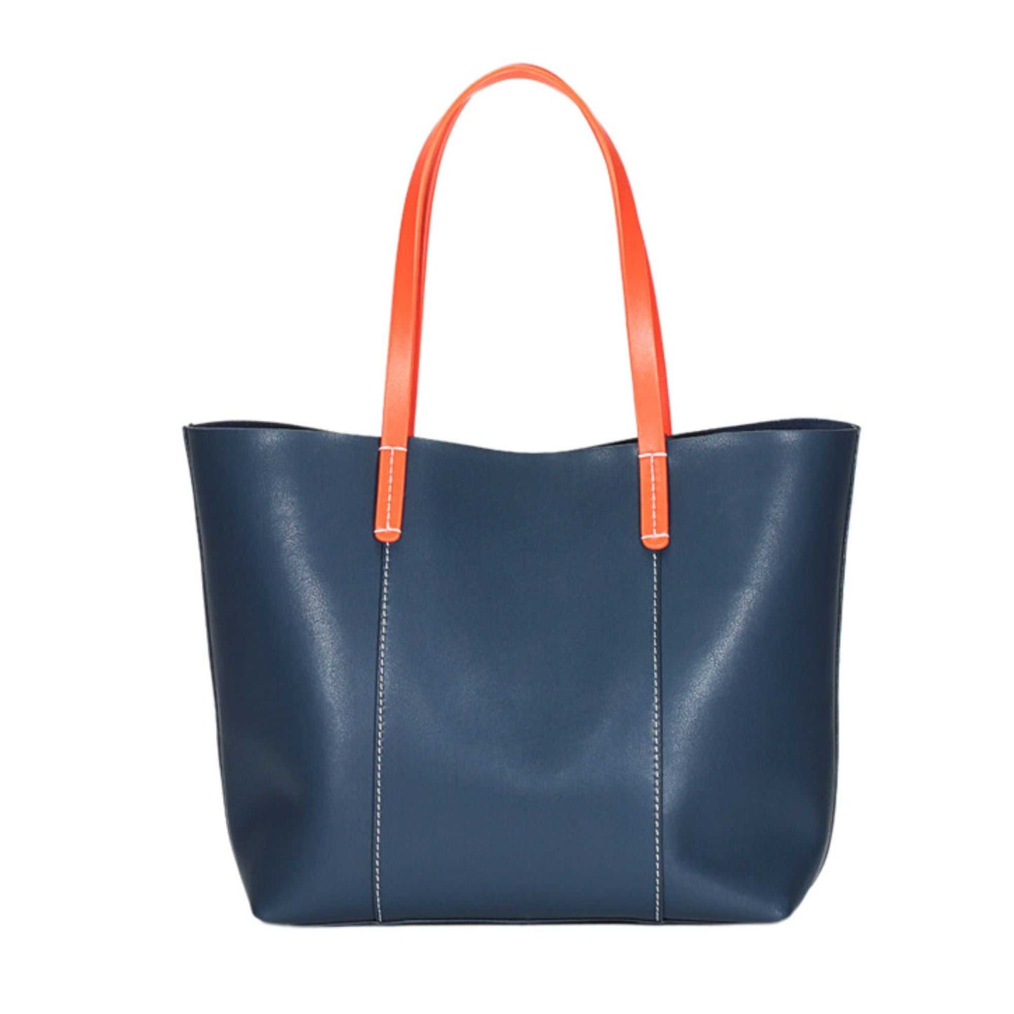 Blue leather handbag with orange straps, from the Essence of Elegance collection.