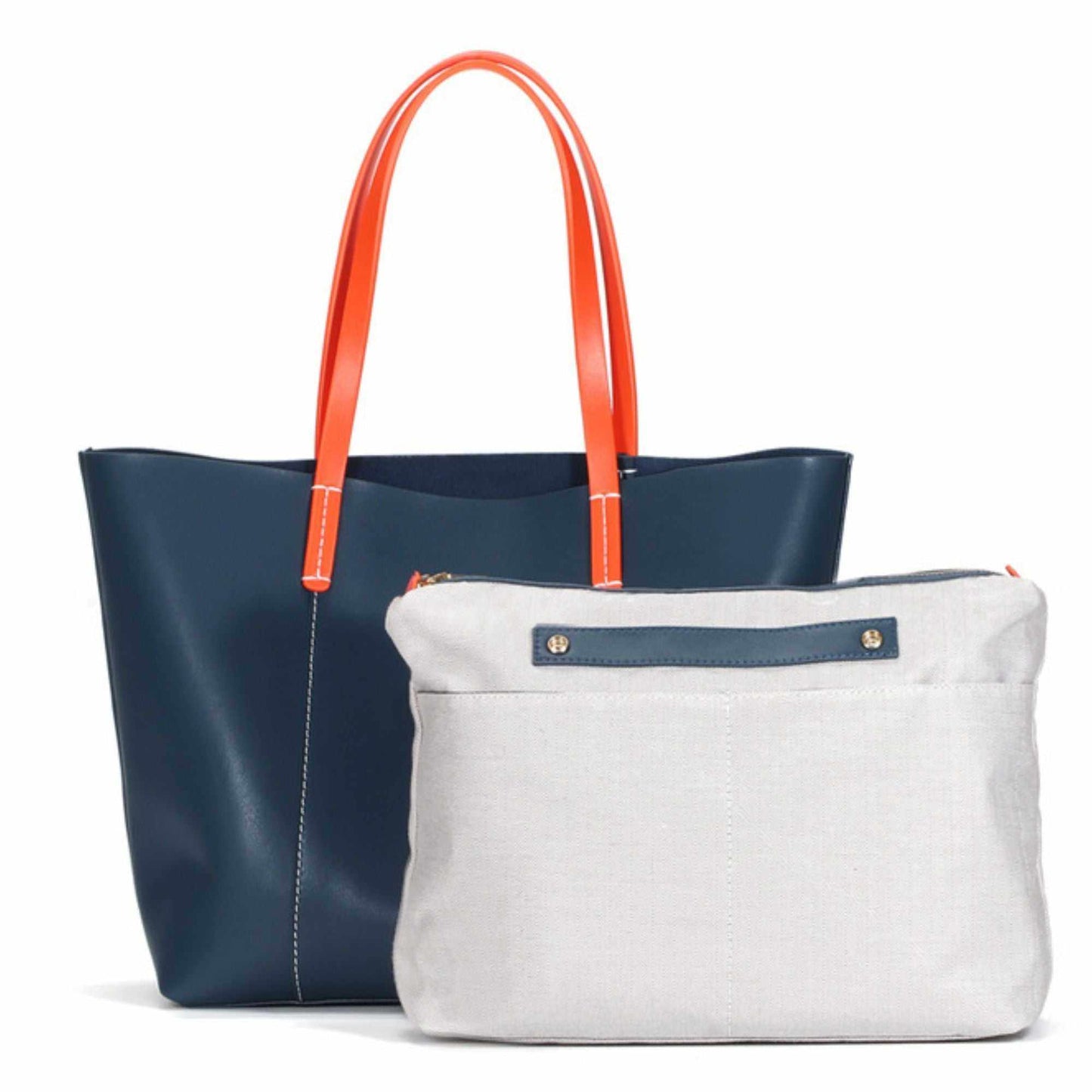 Blue leather handbag with orange straps and a removable interior pouch.