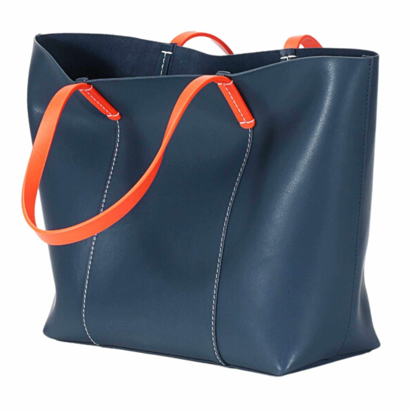 Blue leather handbag with orange straps from the Essence of Elegance collection.