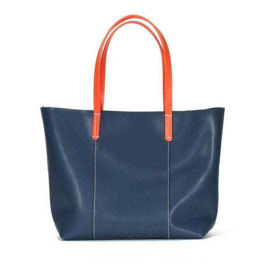 Blue leather handbag with vibrant carrot-colored straps from the Essence of Elegance collection, designed for style and practicality.