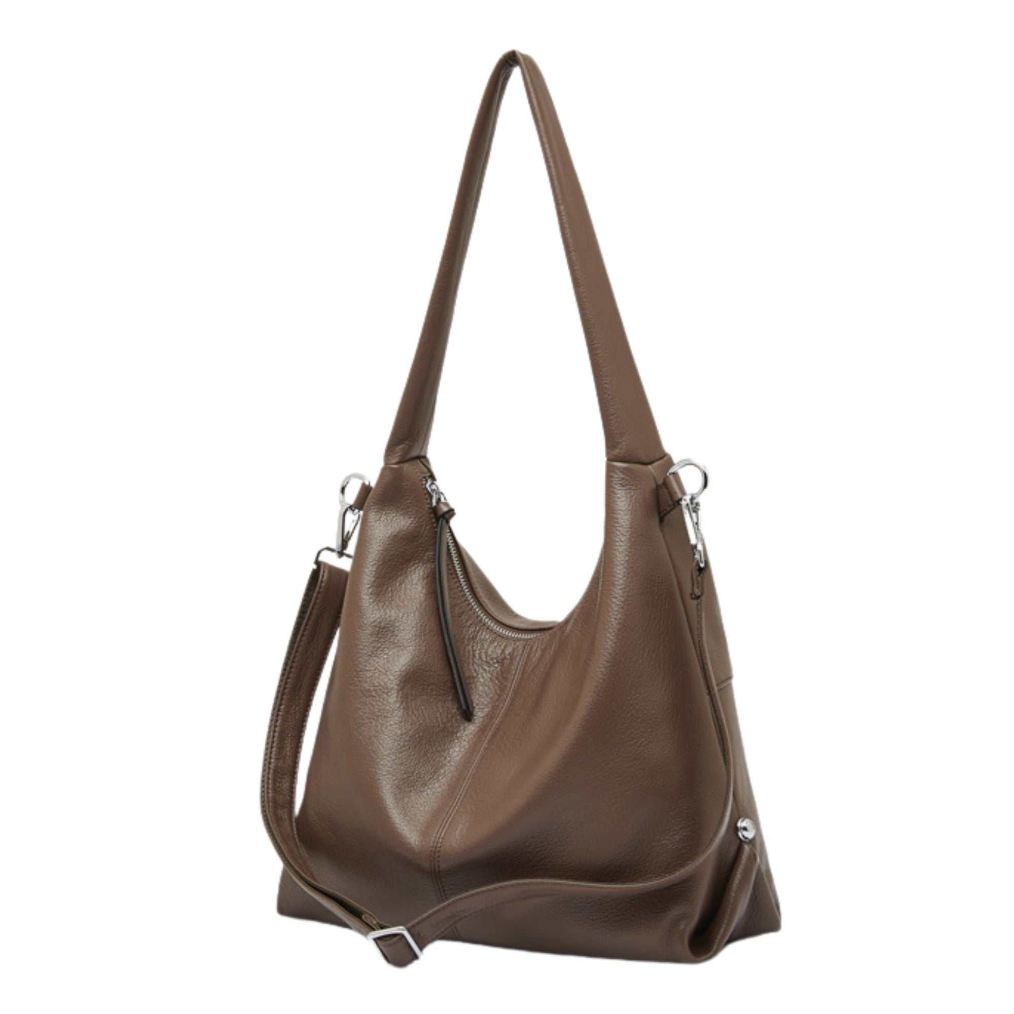 Brown leather hobo shoulder bag with durable design and stylish elegance.