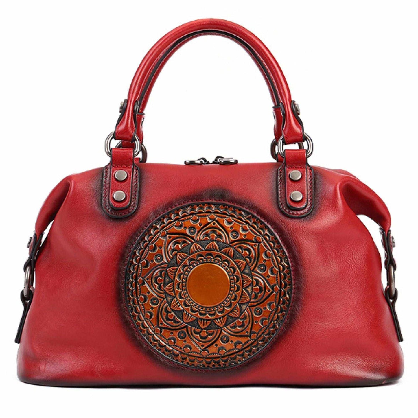 Genuine leather retro bag with embossed medallion design, sophisticated vintage style.