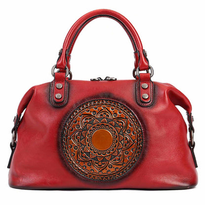 Genuine leather retro bag with embossed medallion design, sophisticated vintage style.