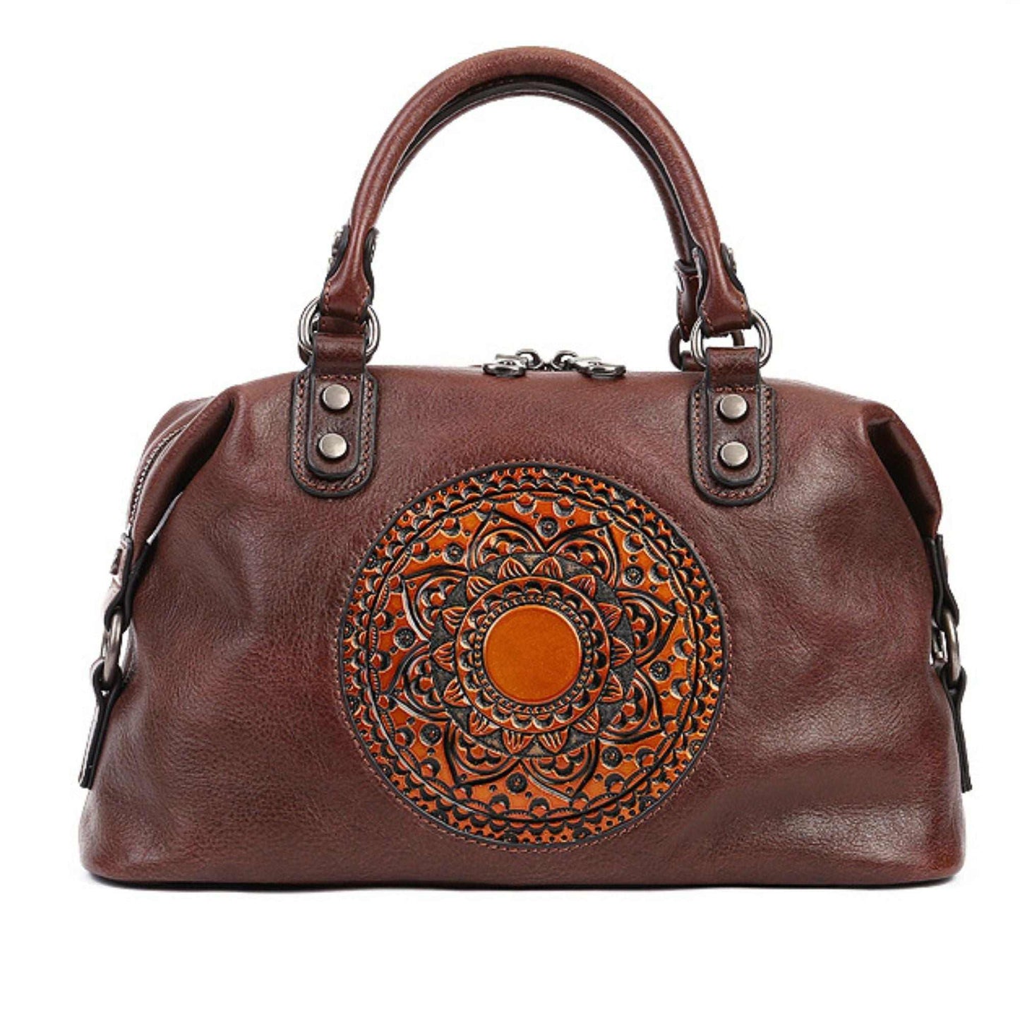 Genuine leather retro bag with embossed medallion design, vintage style handbag.