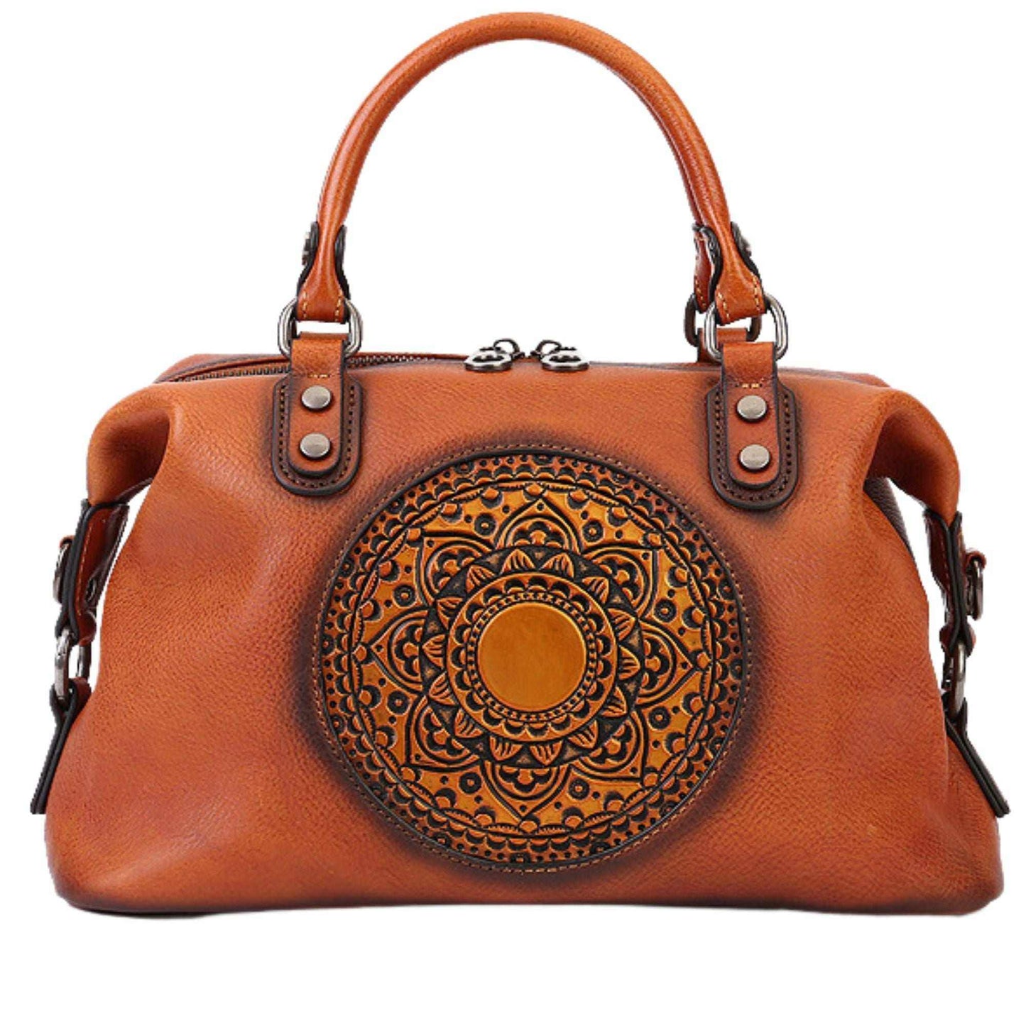 Genuine leather retro bag with embossed medallion design, vintage style.