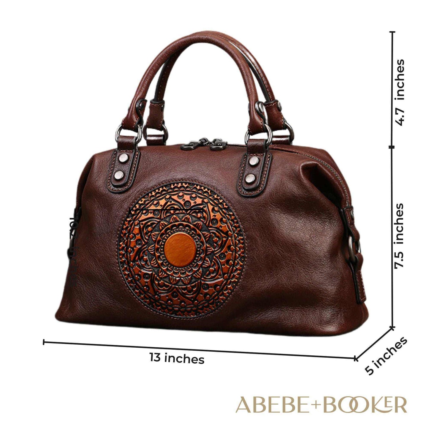 Genuine leather retro bag with embossed medallion, vintage style, and spacious interior.