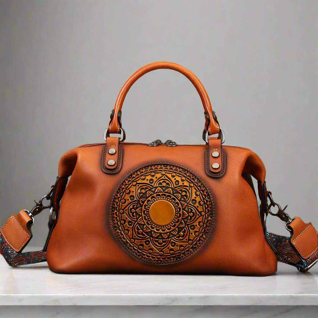 leather retro bag with vintage embossed medallion design