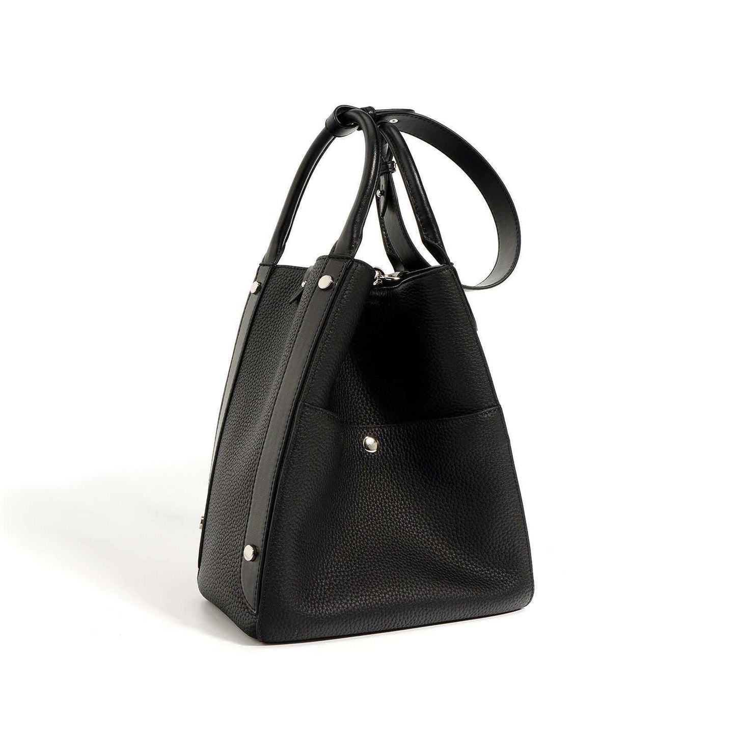 High-quality leather tote bag crossbody in black with adjustable strap, versatile design.