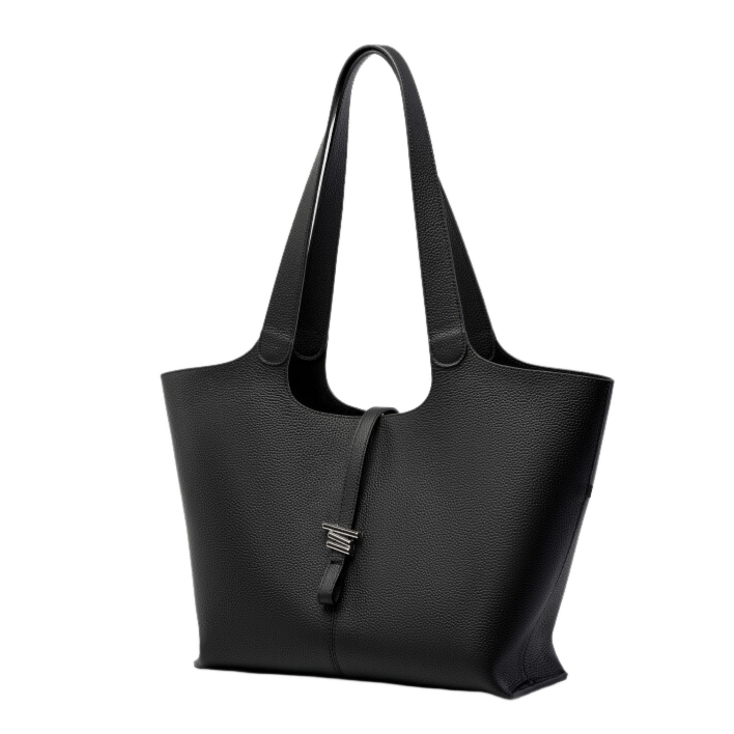 Leather tote purse with zipper, genuine leather, black, modern concave design, spacious and stylish.