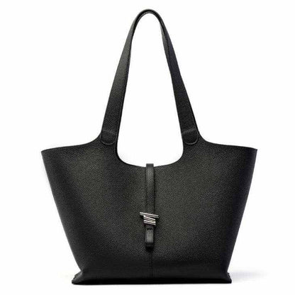 Elegant black leather tote purse with zipper, stylish concave shape, and durable design. Ideal for work and casual outings.