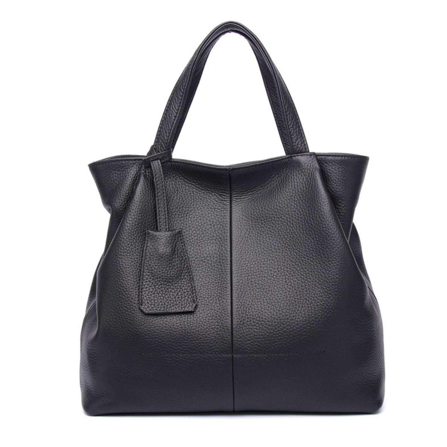 Leather tote zipper handbag in black, genuine leather, spacious and versatile with zip closure and exterior pocket.