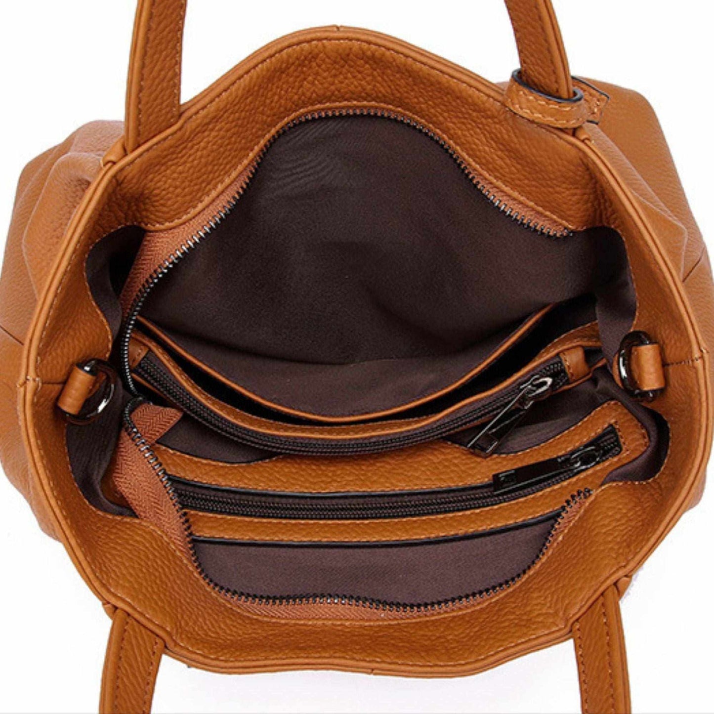 Genuine leather tote zipper handbag with spacious interior compartments and secure zipper closure.