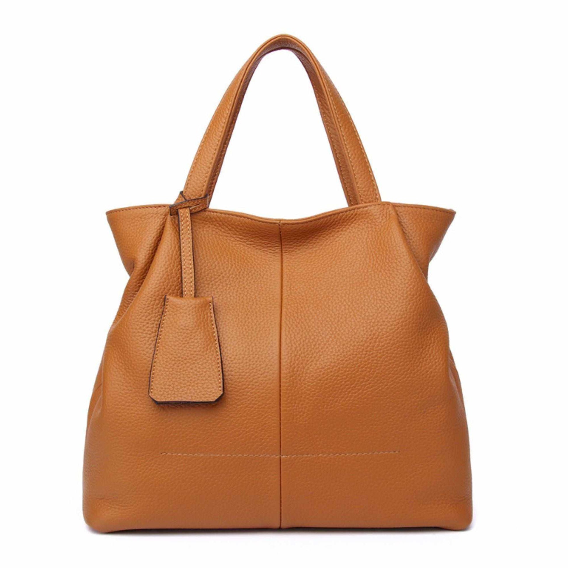 Brown leather tote zipper handbag from the Essence of Elegance Collection.