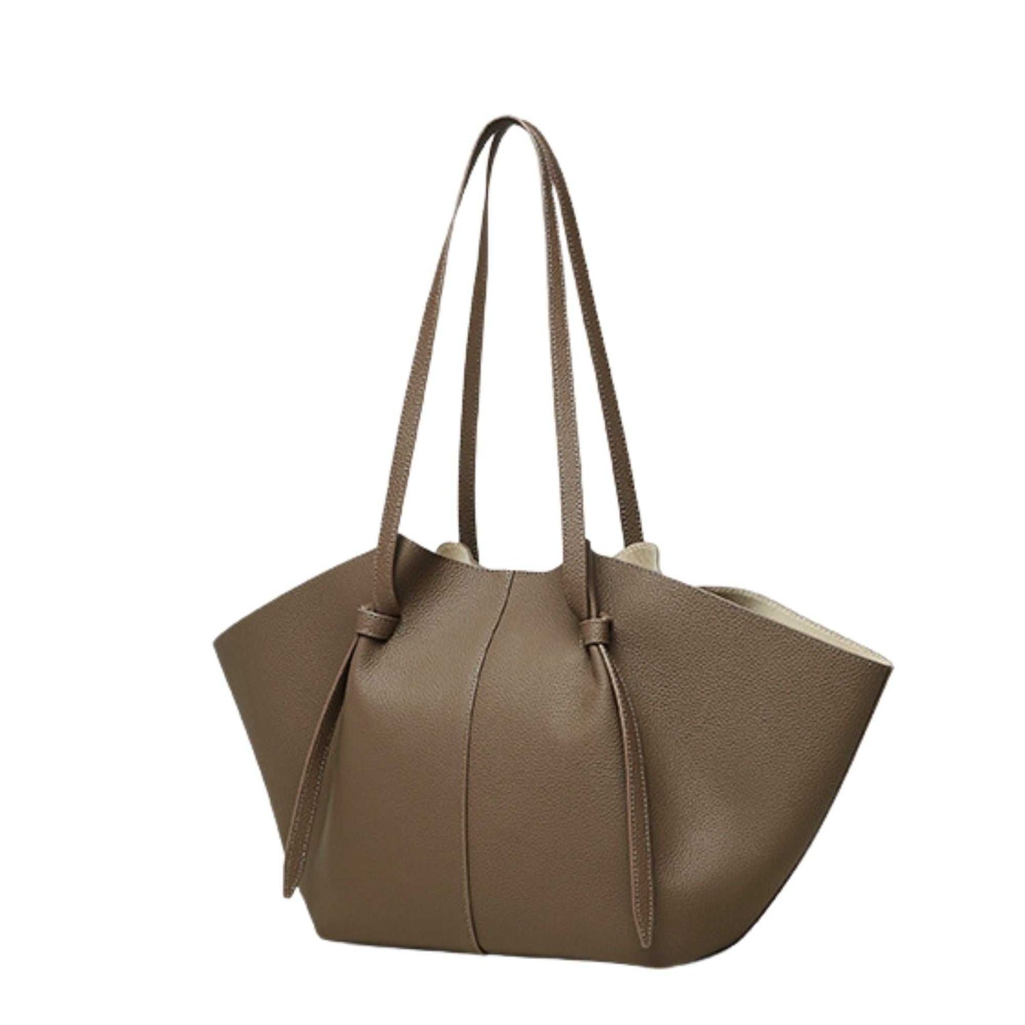 Leather work tote with pleated strap design, crafted from genuine lychee leather.