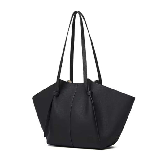 Elegant black leather work tote with pleated straps and spacious interior.