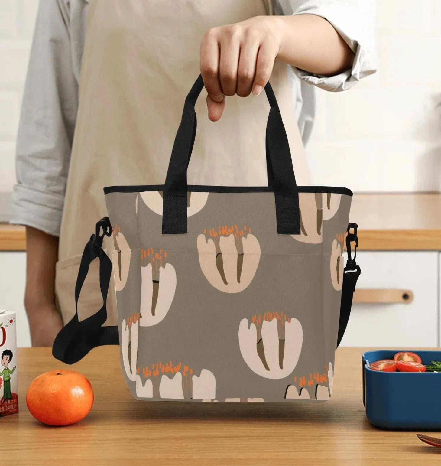 Lunch Tote For Women, Beige Tulip