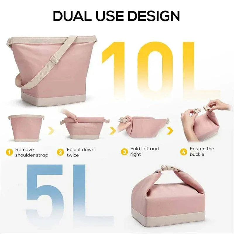 Lunch tote with shoulder strap, dual-use design, pink color, versatile lunch bag, 10L and 5L capacity options.