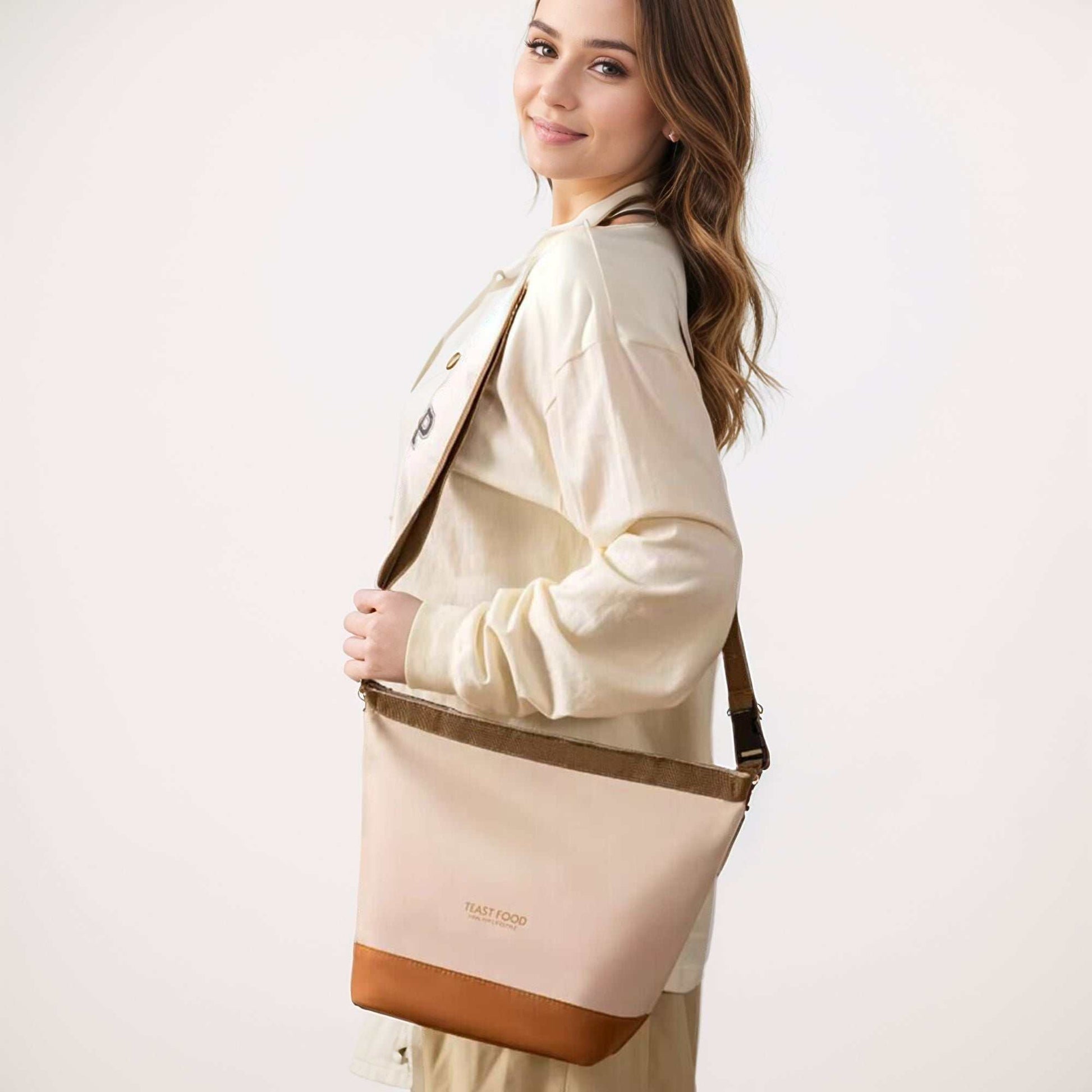 Lunch Tote with Shoulder Strap in beige and brown, stylishly carried by a person, perfect for work or picnics.