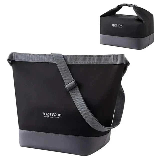 Lunch tote with shoulder strap, black and gray color, insulated Oxford cloth for freshness, versatile carrying options.