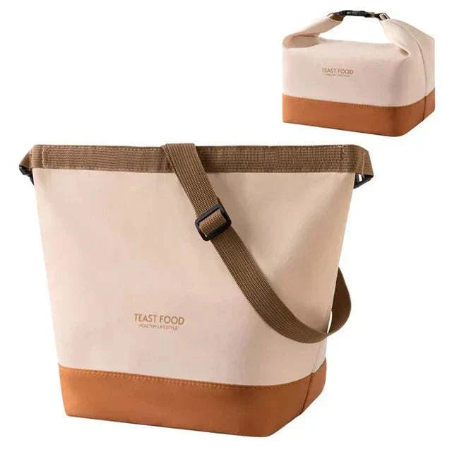 Lunch tote with shoulder strap, beige and brown design, durable Oxford cloth, insulated interior.