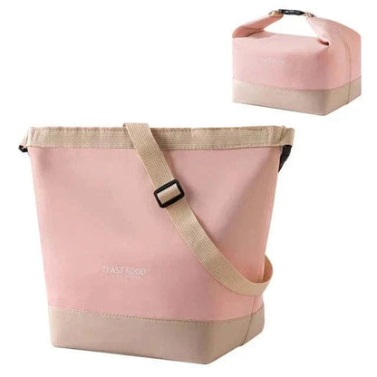 Pink lunch tote with shoulder strap, made of durable Oxford cloth, featuring aluminum foil insulation, ideal for work, school, or picnics.