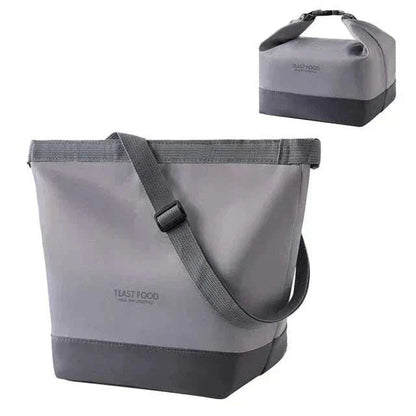 Gray lunch tote with shoulder strap, featuring durable Oxford cloth and aluminum foil insulation, ideal for keeping food fresh and stylish on-the-go.