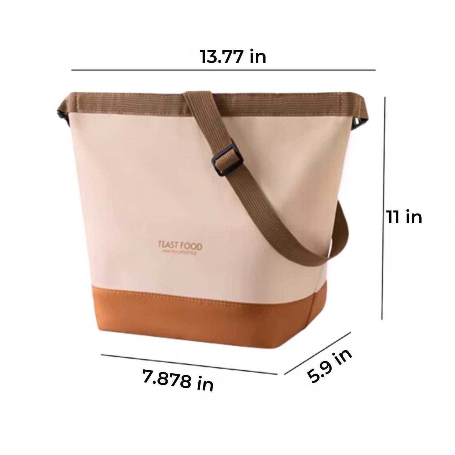 Lunch tote with shoulder strap in beige and brown, tear-resistant Oxford cloth, 11 inches high, with durable design.