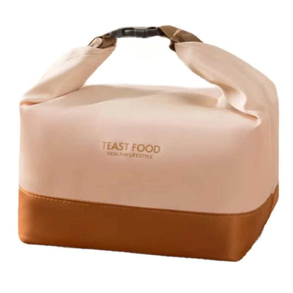 Lunch tote with shoulder strap, beige and brown, durable Oxford cloth, insulated with aluminum foil, versatile design.