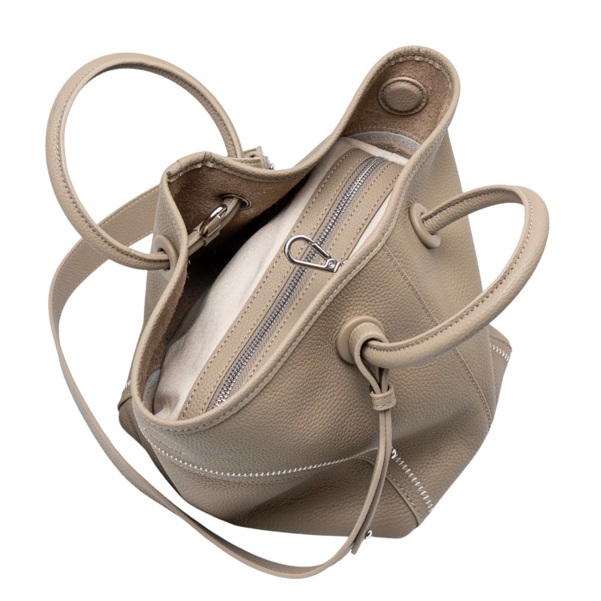 Mercer leather crossbody bucket tote with circular handles and removable pouch