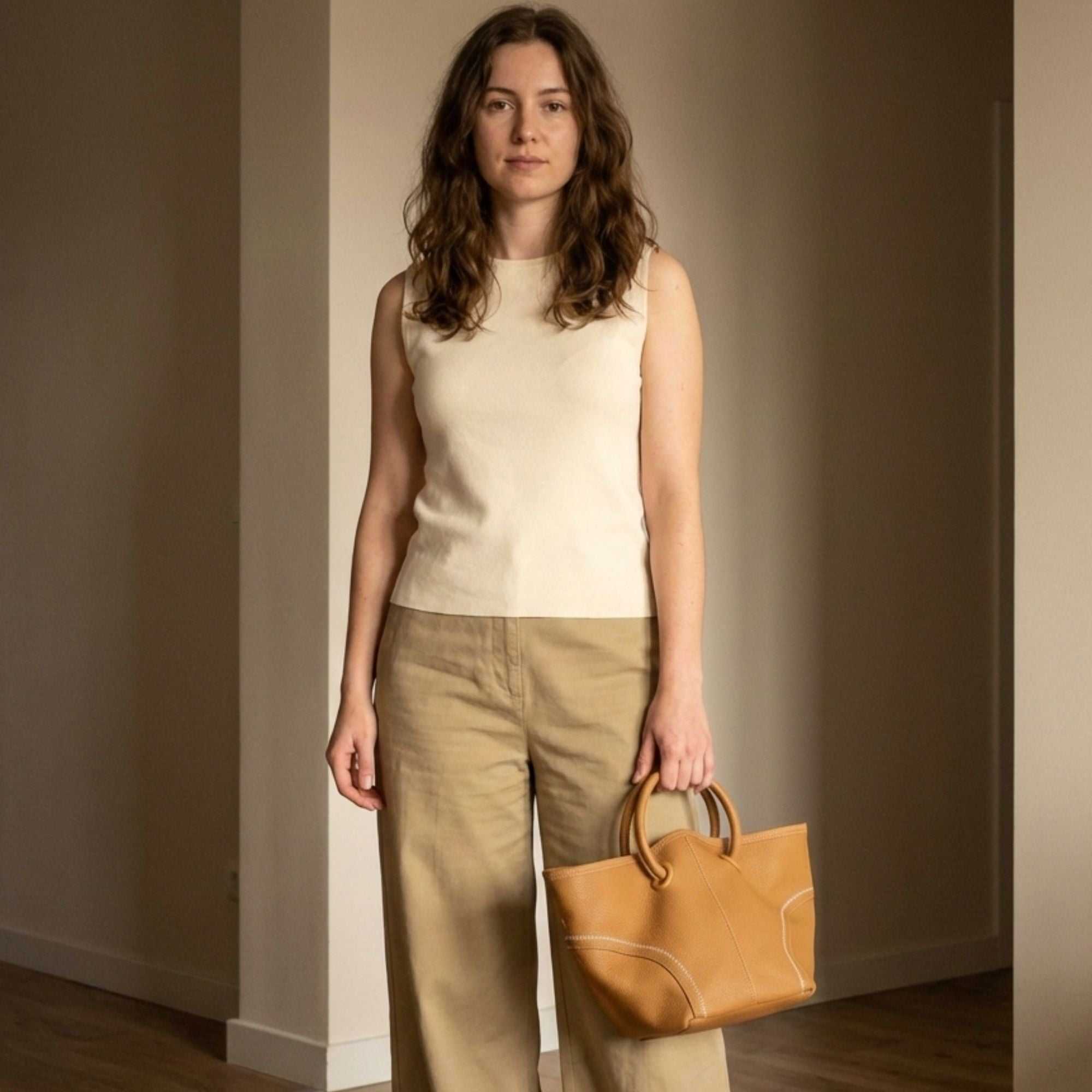 Mercer full-grain leather crossbody bucket tote with circular handles and removable pouch