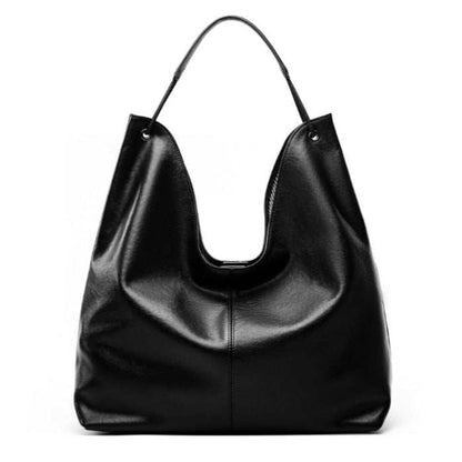 Black genuine leather hobo slouch purse with a spacious and elegant design.