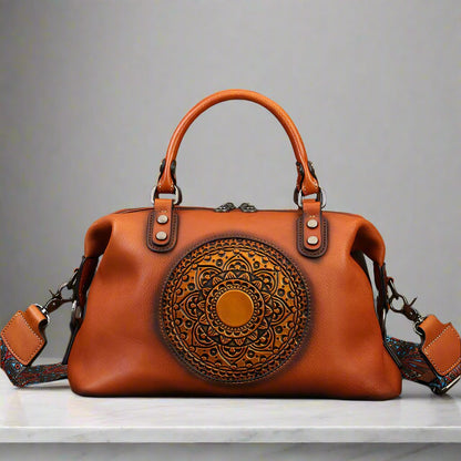 Genuine Leather Vintage Embossed Medallion Handbag