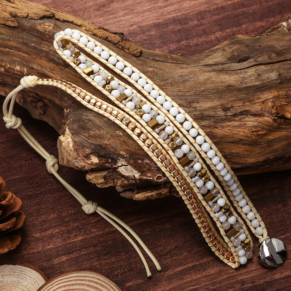 White Agate Crystal Golden Bead Bracelet
