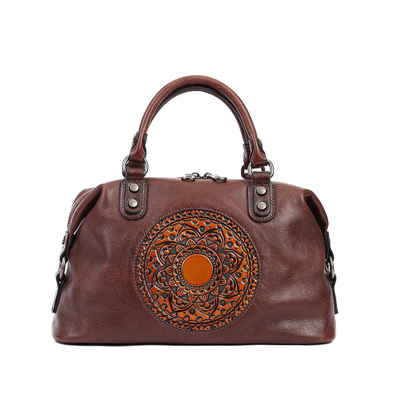 Genuine Leather Vintage Embossed Medallion Handbag