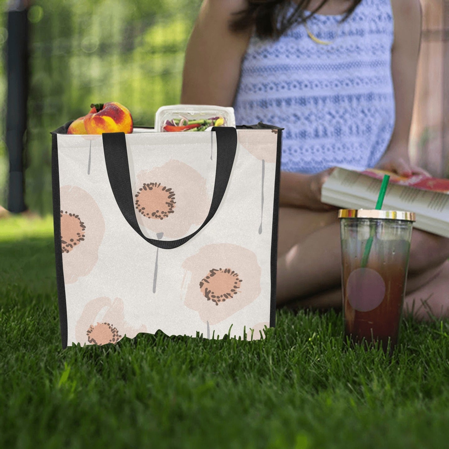 Reusable Grocery Tote Bags, Peach Poppy