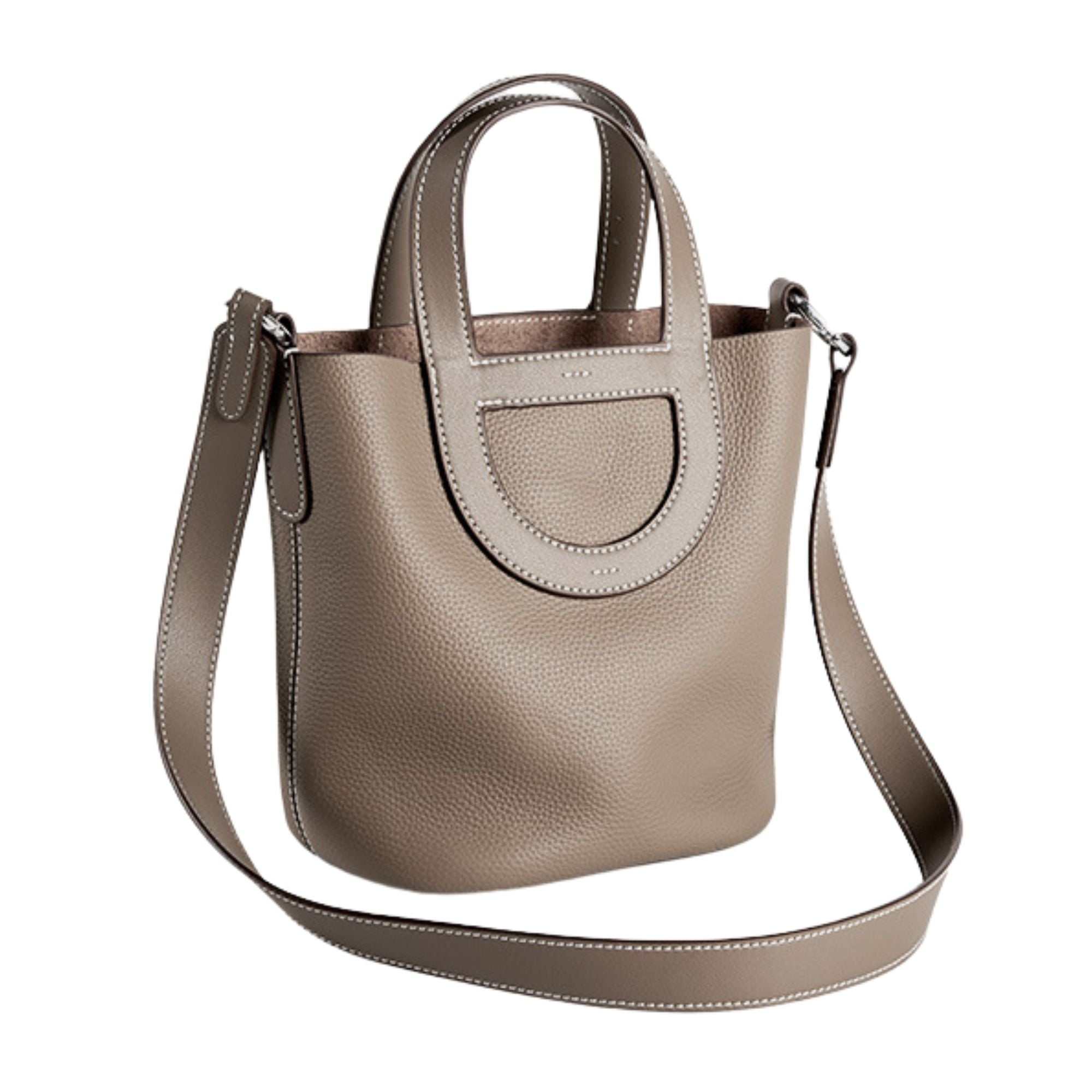 Sleek Leather Bucket Handbag with removable strap and lychee-pattern design, genuine leather, durable