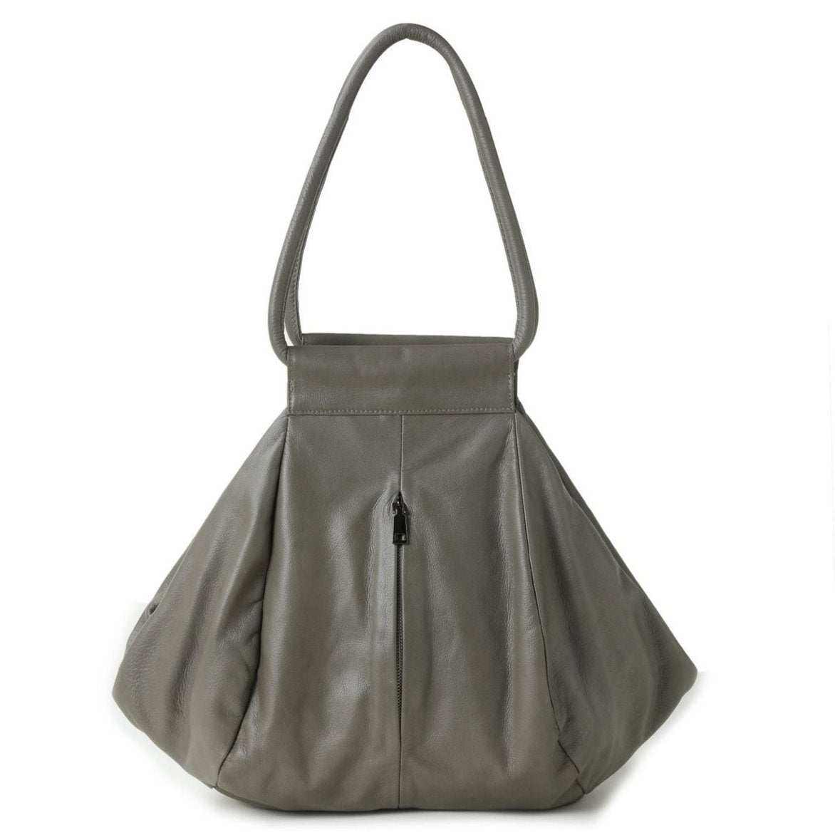 Genuine leather slouchy bag in elephant gray with zipper detail, versatile and stylish design.