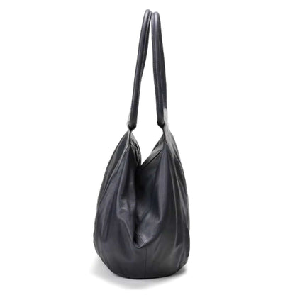 Genuine leather slouchy bag in black, elegant and versatile tote suitable for casual or polished looks.